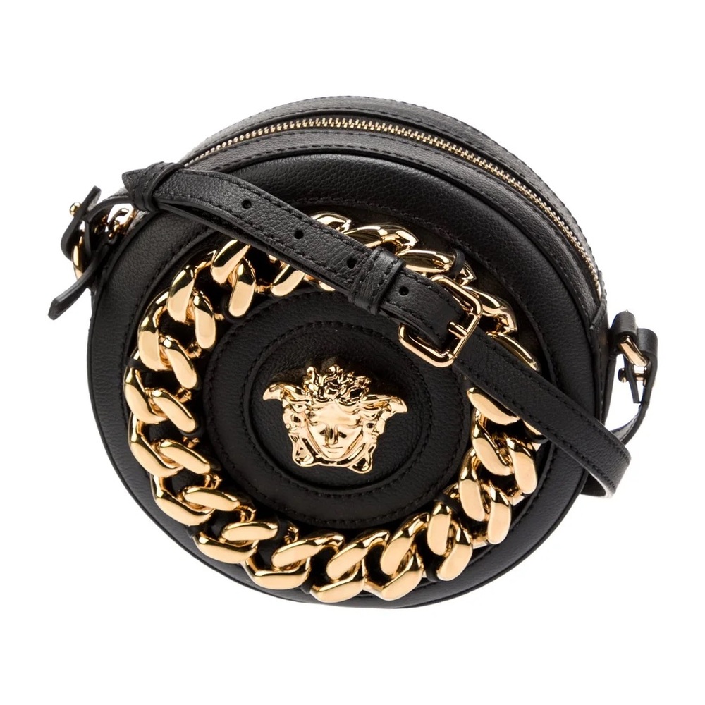 Like New Versace Black Leather Round Crossbody Bag with Gold Chain